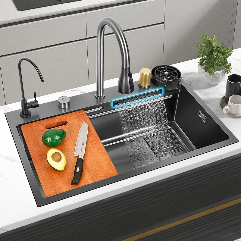 Kitchen Sink with Waterfall Fauccet Stainless Steel Large Size Black Topmount/Undermount Wash Basin With Cutting Board