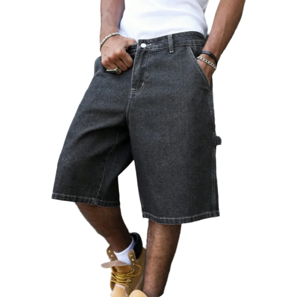 Men's Summer Black-Grey Loose Baggy Denim Shorts