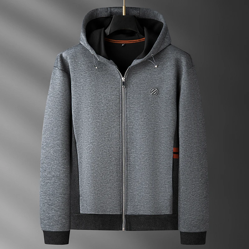 Autumn Italian-Style Light Luxury Color-Blocking Tapestry Ribbed Mask Air-Layer Men's Hooded Zip-Up Sweatshirt Jacket for Men