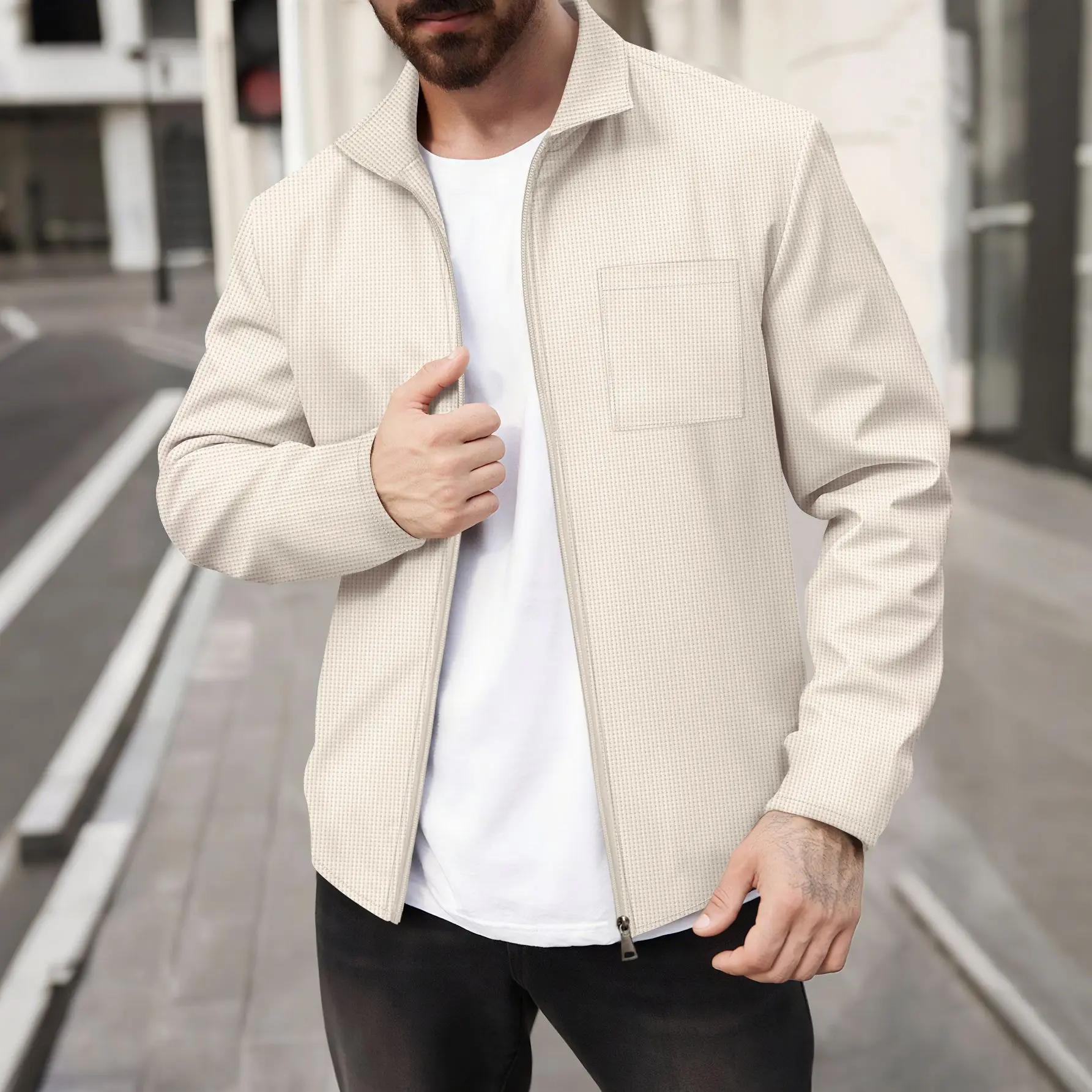 

Men's Waffle Knit Jacket Stand Collar Zip Up Casual Coat Lightweight Textured Spring Autumn Outerwear with Pocket