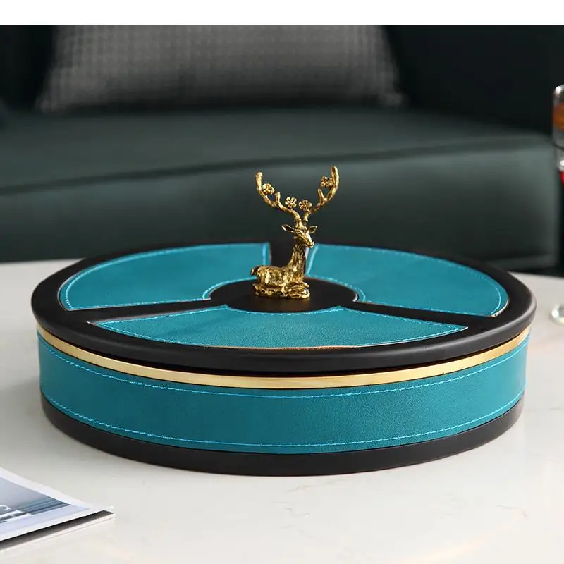 Resin Leather Round Dried Fruit Box with Cover Deer Decoration Snack Platter Candy Plate Storage Food Tray