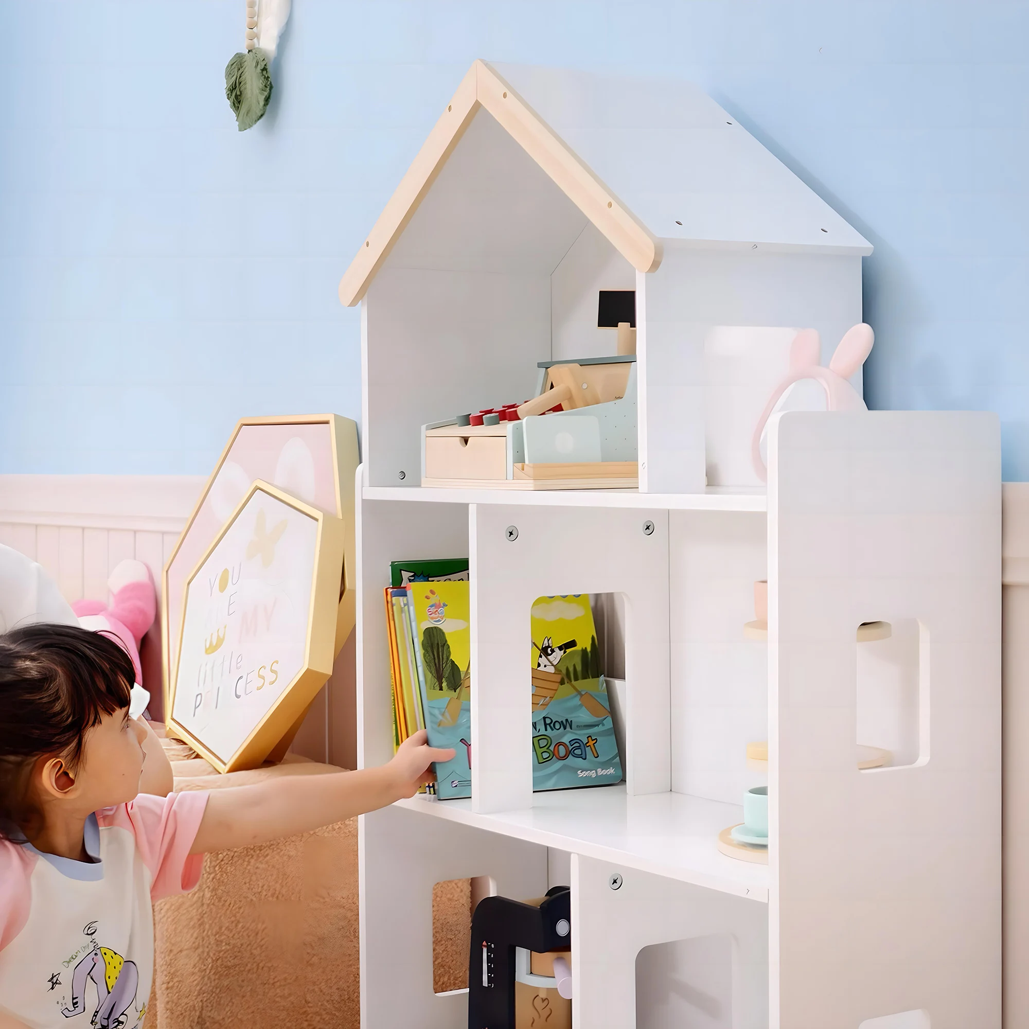ZONEKIZ Toy Storage Shelf, 3 Tier Children Bookcase with 6 Cubes, for Playroom, Nursery, Bedroom, Kids Room - White