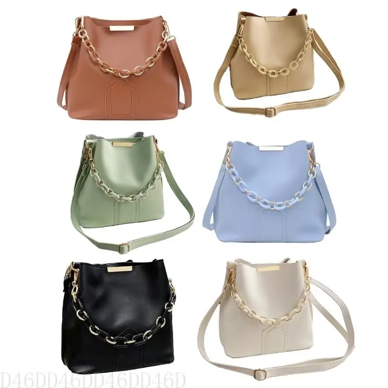 

D46D Trendy Womens Shoulder Bucket Bag with Chain Handle PU Leather Crossbody Handbag