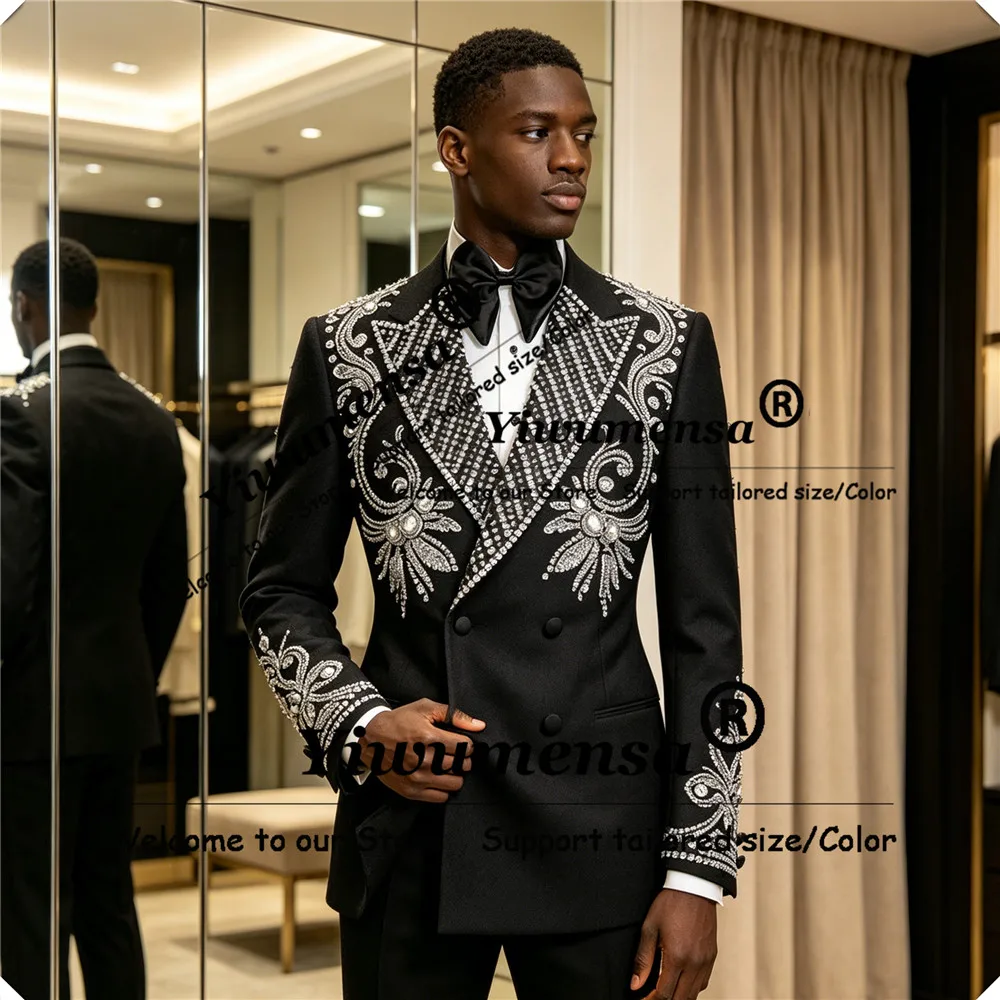 Luxury Beaded Stones Suits Men For Wedding 2 Pieces Sets Single Breasted Prom Blazers Customized Man Dinner Banquet Tuxedos 2027