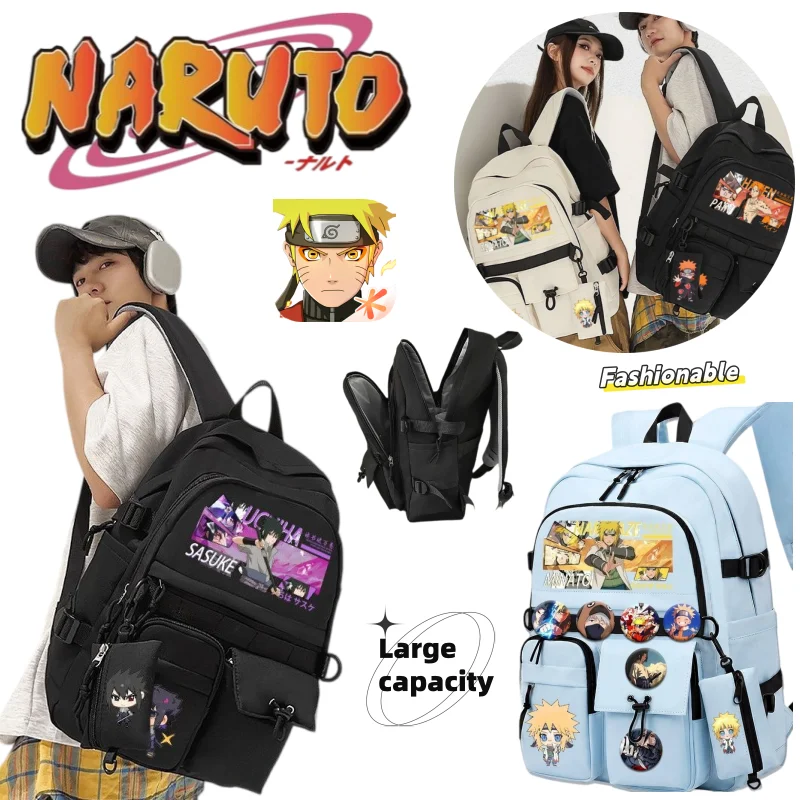 Naruto Doppel-Schulterrucksack Uchiha Sasuke und Uzumaki Naruto Niedlicher Cartoon Modischer Großer Tragbarer Schultasche – Detail 1