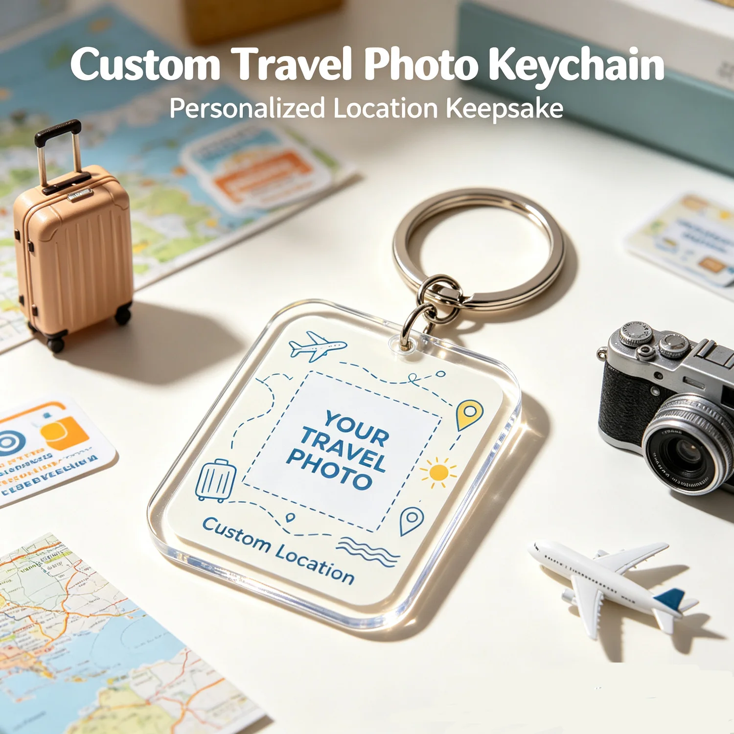 Custom Photo Upload Keychain, Travel Location Personalized Keyring Acrylic Travel Memory Gift, Custom Souvenir for Trip Memories