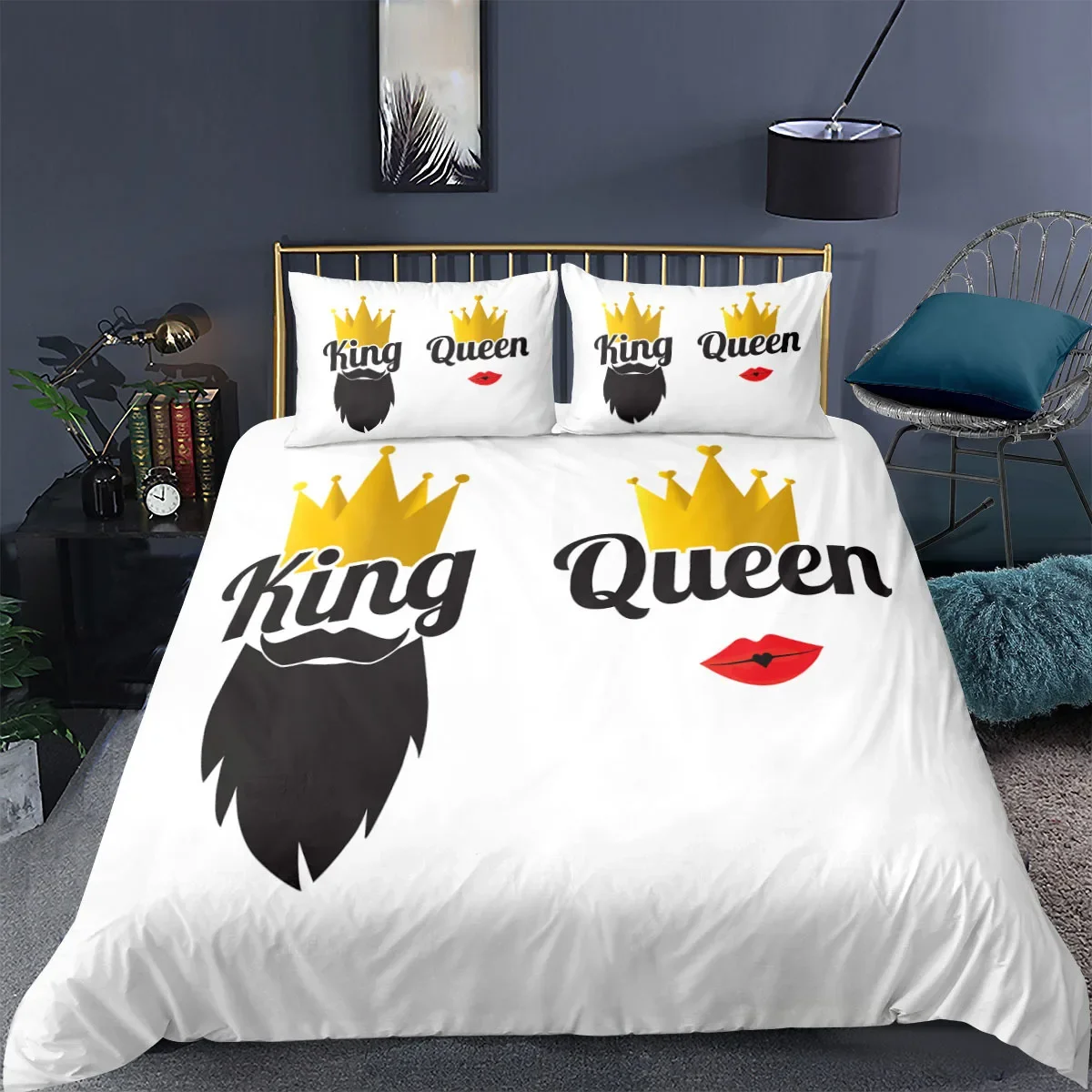 3PC Couple_Lover White Black Luxury Bedding Set Printed Duvet Cover Bedding Set Comfortable Breathable Sheet Cotton Bedding