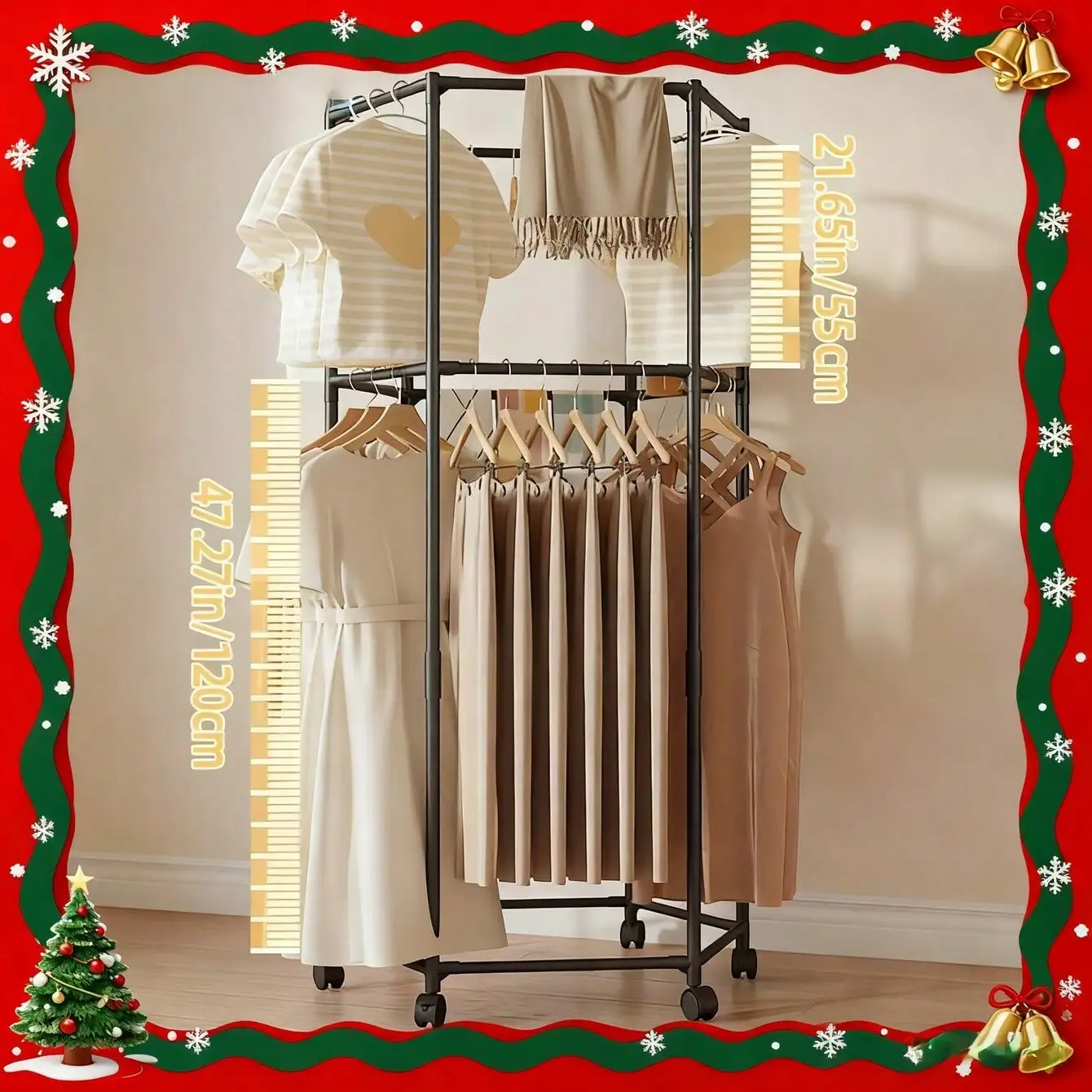 Heavy-Duty Hexagonal Clothes Rack - 260Lbs Load, Stainless Steel w/Rollers, Portable for Bedroom/Laundry