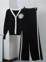 Embroidered Camellia Knitted Cardigan And Wide Leg Pant Two Piece Set 2025 Autumn/Winter New Small Fragrant Fashion Women's Sets