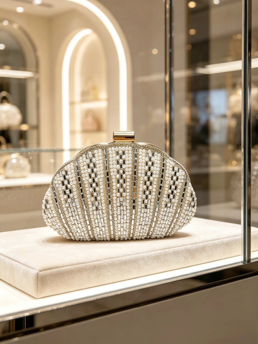 Ivory White Shell Rhinestone Beaded Clutch Bag Rectangle Metal Lock Crystal Evening Handbag Elegant Formal Wedding Purse Ladies