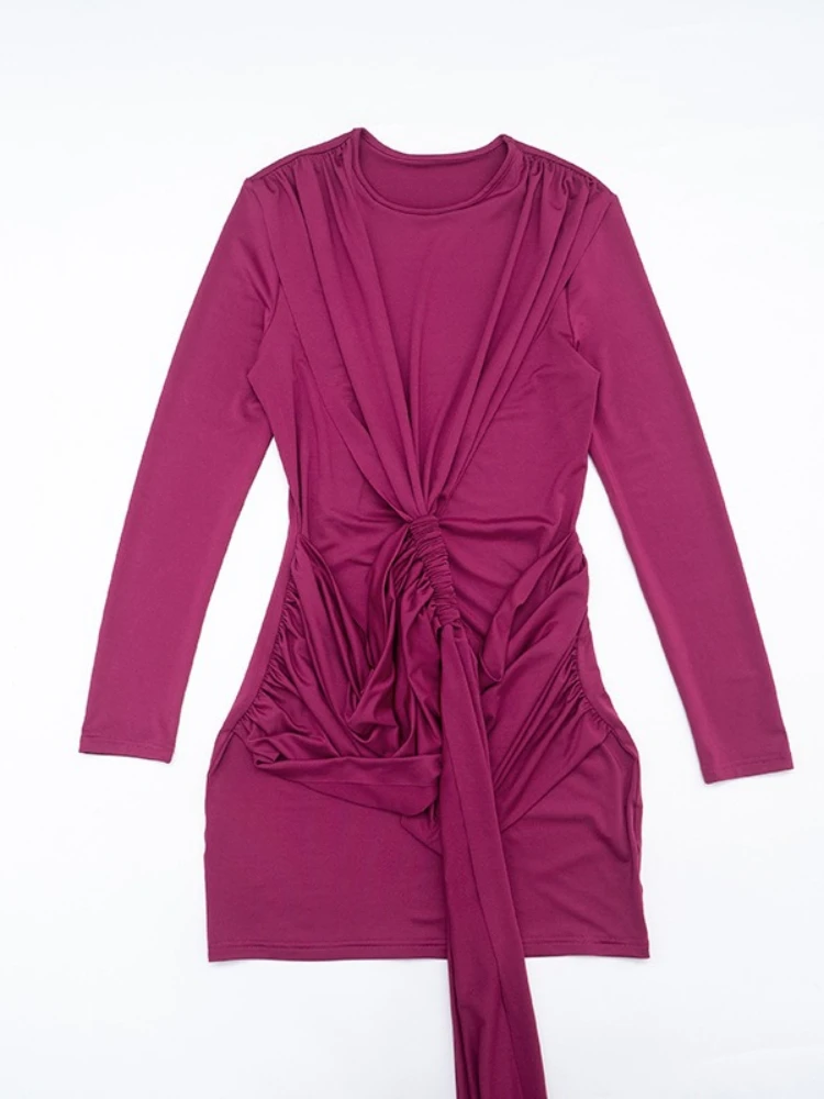 セクシーなツイストタイドレープミニボディコンワンピース レディース 無地 Oネック 長袖 ハイウエスト リボン スリム 秋 パーティー クラブドレス