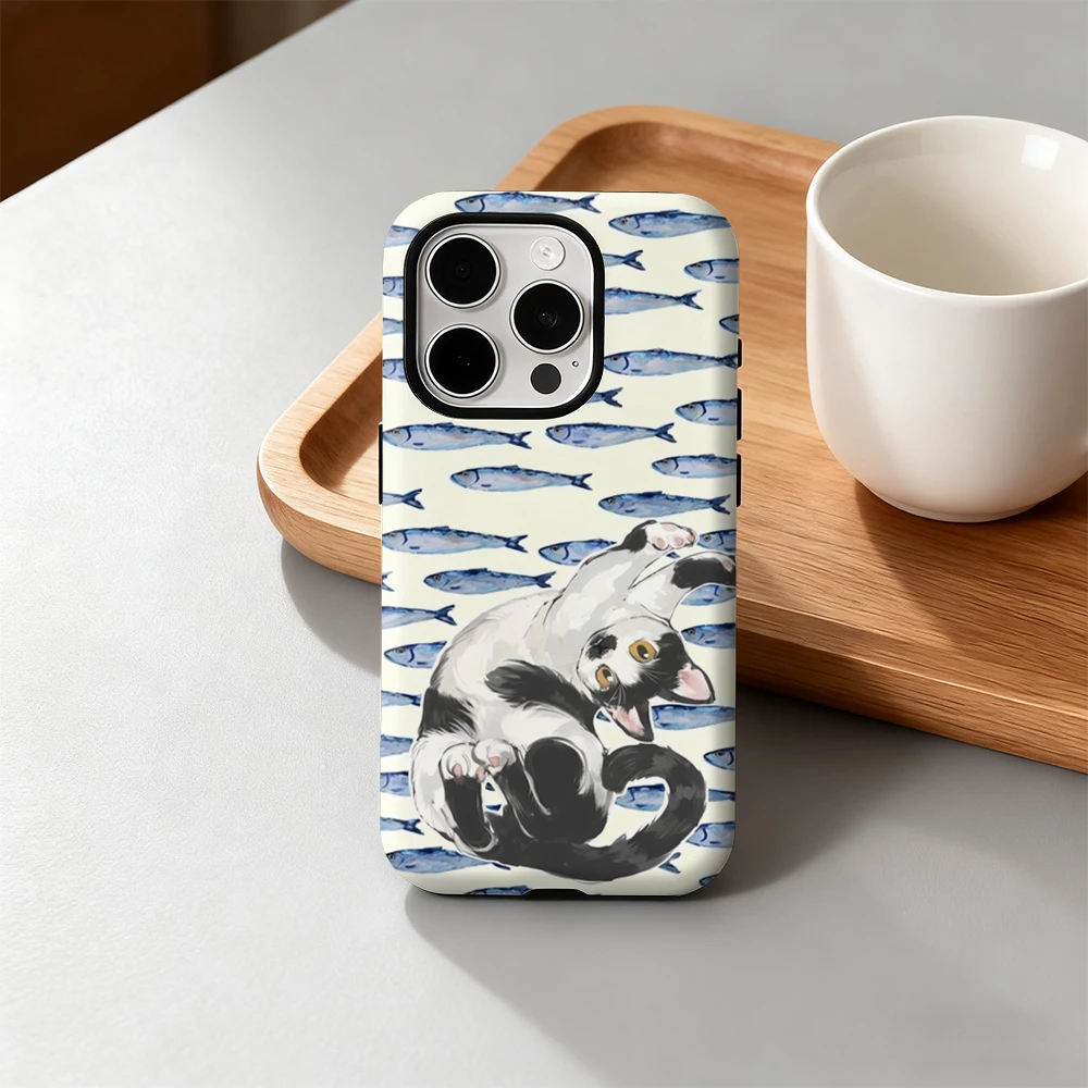 

Cartoon Funny Cat and Fish Fun Phone Case for iPhone 17 16 15 14 13 12 11 Pro Max Air Plus Luxury Double-layer Back Cover