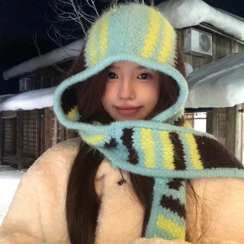 Korean Style Striped Knitted Balaclava Hat Scarf All-in-one Women's Autumn and Winter Outdoor Warm Ear Protection Pullover Cap
