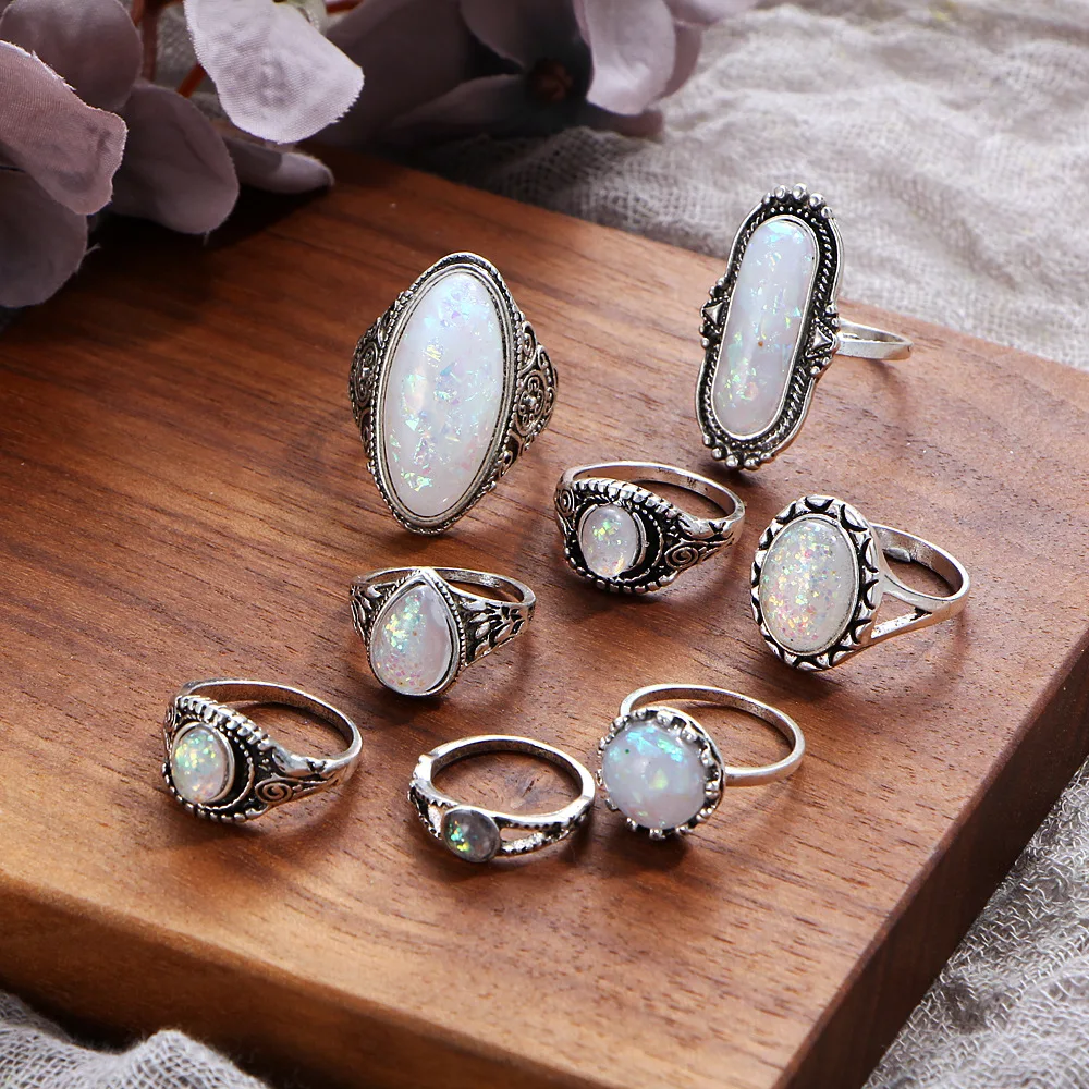 Europe And The United States Summer New Australian Treasure Retro Ring Set Of 8 Pieces