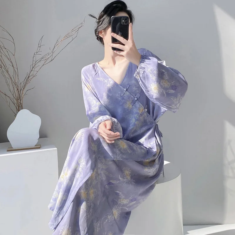 Floral Cotton Silk Nightgown Women, Long-Sleeved, Loose And Thin, Suitable Spring Summer, Simple Comfortable Home Wear