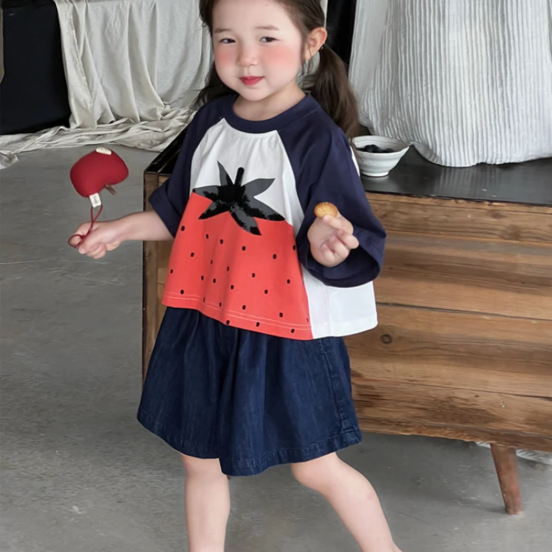 Girls' T-Shirt Top 2024 Summer New Short Sleeve Strawberry Pattern Cudgelet Contrasting Color Comfortable Trendy Korean Edition