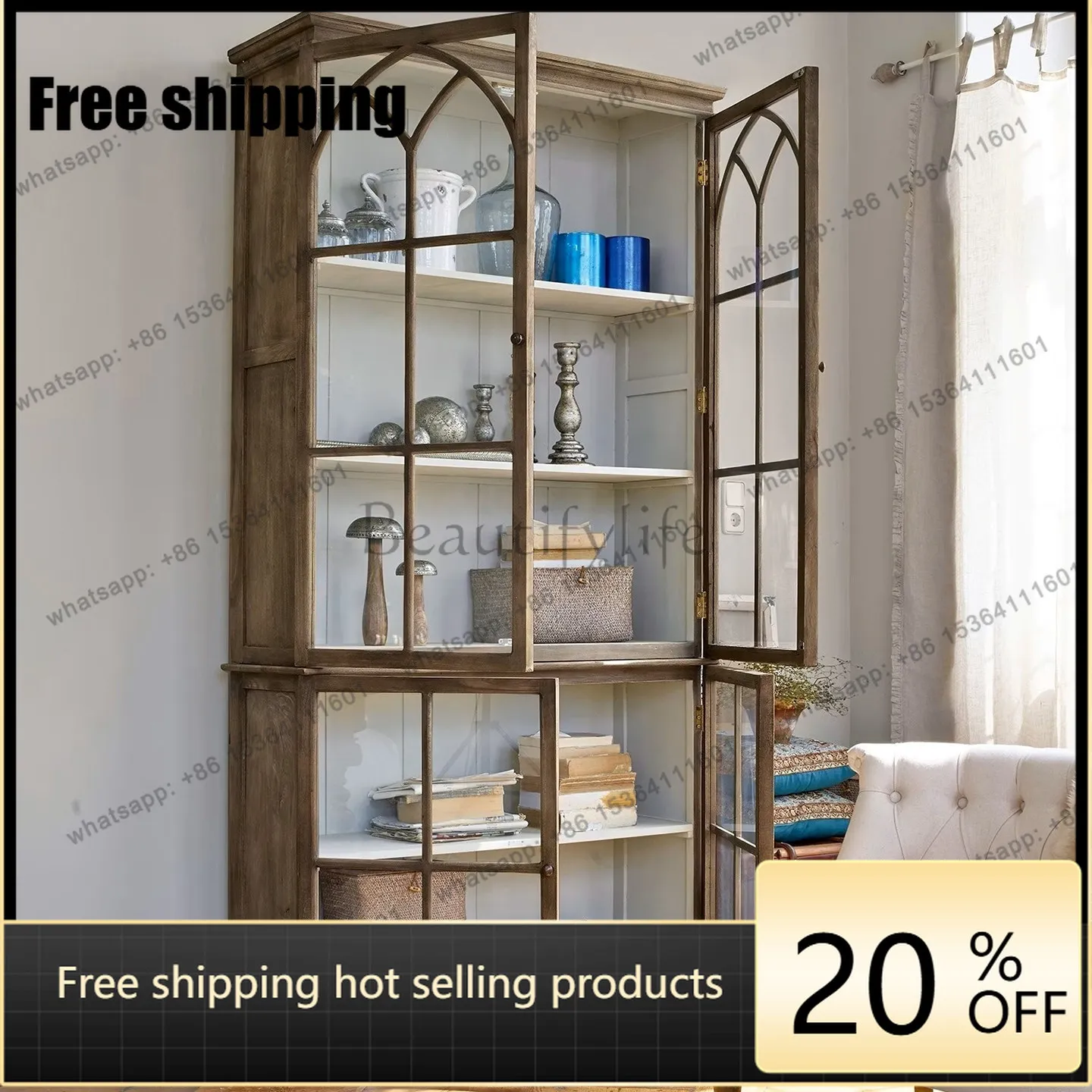 LD American solid wood retro dining side cabinet living room glass door display wall locker