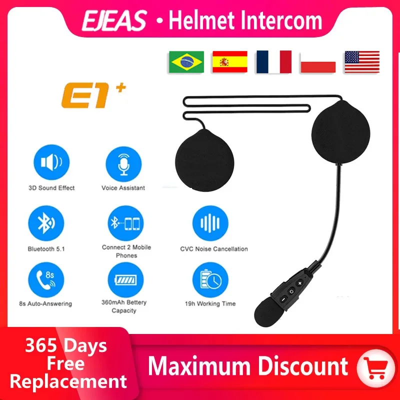 EJEAS E1+ Wireless Motorcycle Helmet Bluetooth Headset Moto Music Earphone Headphone Speaker Optional Remote Controller E1Plus