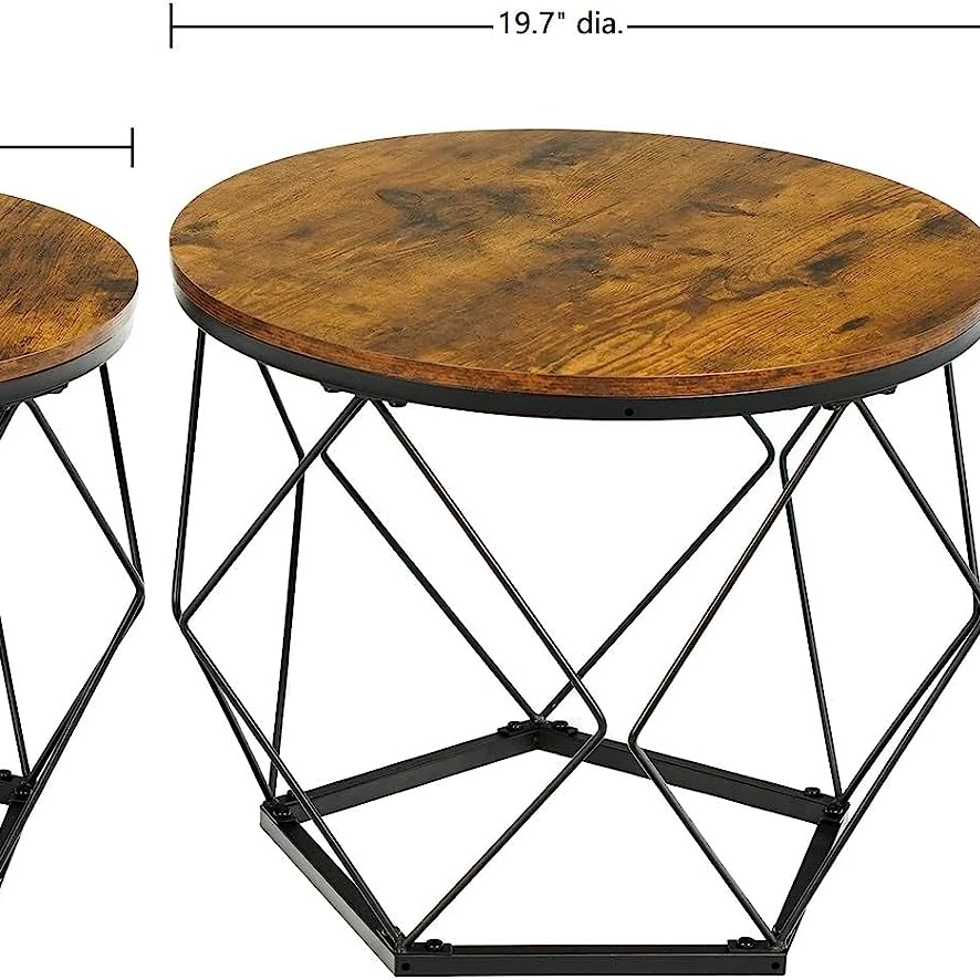 Set of 2 Rustic Brown and Black Round Coffee Table with Metal Frame Round Sofa  for Living Room Office