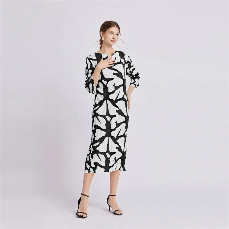 Summer New Women's Pleated Fashion Retro Print Elegant Luxury Casual Long Midi Dress Large 7/4 Sleeve Pleated Long Dress