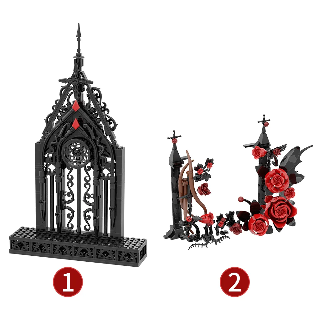 Gothic Windows Building Blocks Kit Black Pointed Arch Windows Rose Bouquet Creative Home Decor Bricks Toys Adult Gift