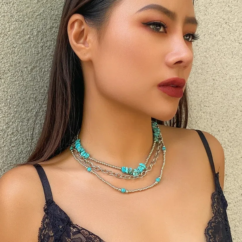 3pcs/set Beads Western Country Necklaces Clavicle Chain Trendy Multilayer Turquoise Chain Versatile Ethnic Style