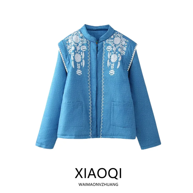 

Autumn Winter Women's Long Sve Printed Denim Color Cotton Jaet Versatile Design Stand Collar k Button Ladies Coat