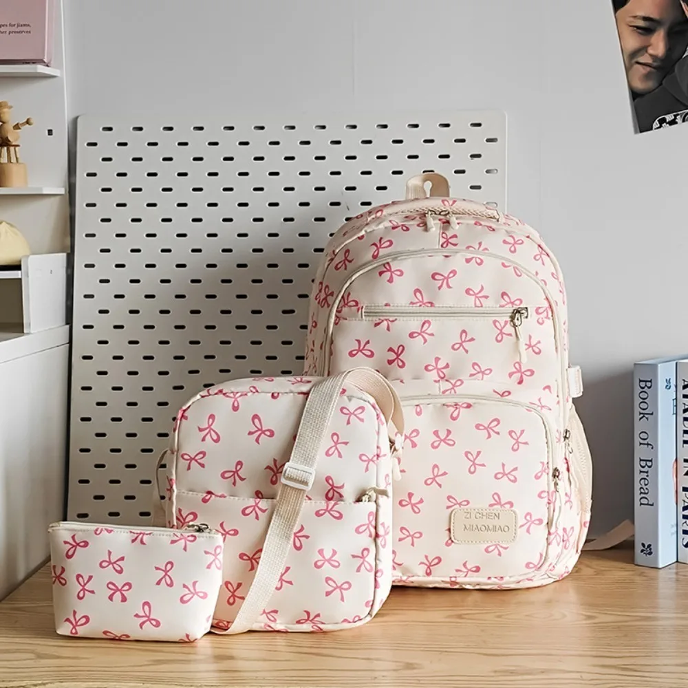 3Pcs Cute Bow Print Backpack Set, Korean Fashion Nylon Large Capacity Student Schoolbag Adjustable Travel Backpack
