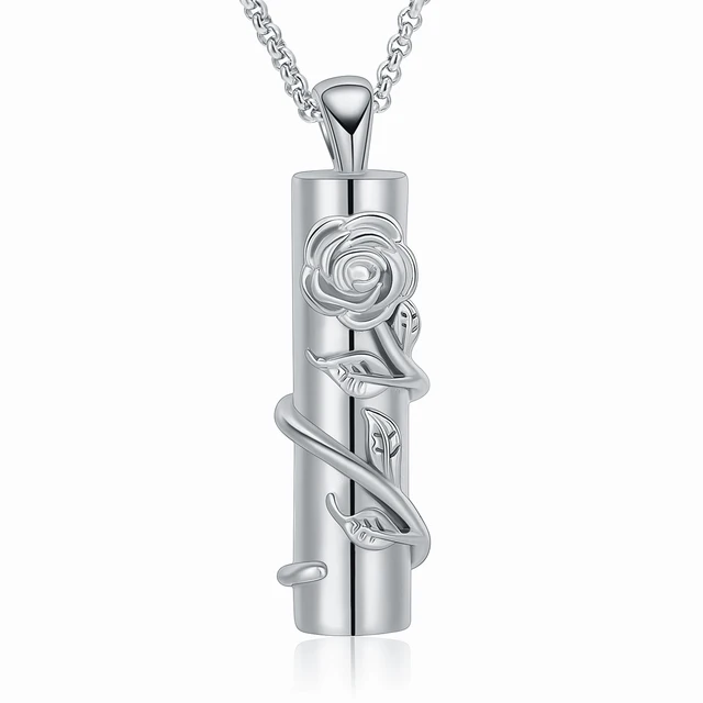 Rose Flower Cylinder Cremation Jewelry For Women Girls Stainless Steel Memorial Urn Necklace  Hold Ashes Keepsake Pendant