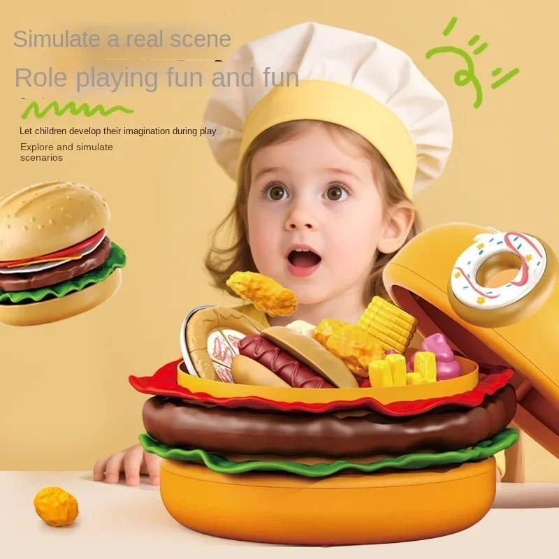 مجموعة مطبخ همبرغر التعليمية للعب التظاهري: ألعاب تقطيع للأطفال مع فواكه وخضروات مقلدة وبيتزا للأطفال الصغار/الأطفال