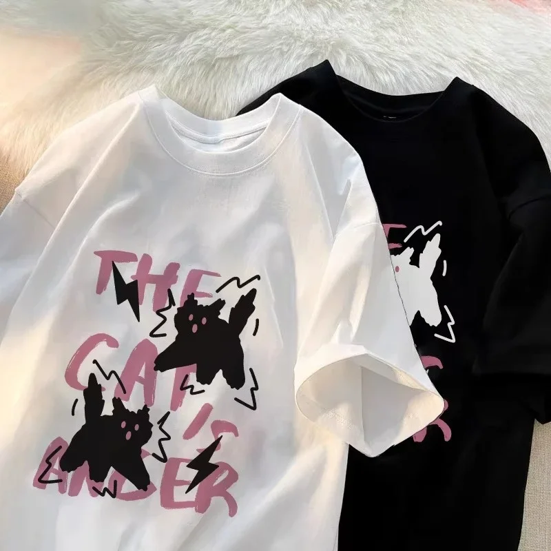 Damen-T-Shirt mit Horror-Katzen-Aufdruck für den Sommer 2022, kurzärmelig, lässig, Y2k-Top, geeignet für Damen, modisches O-Ausschnitt-T-Shirt, Street-Tops