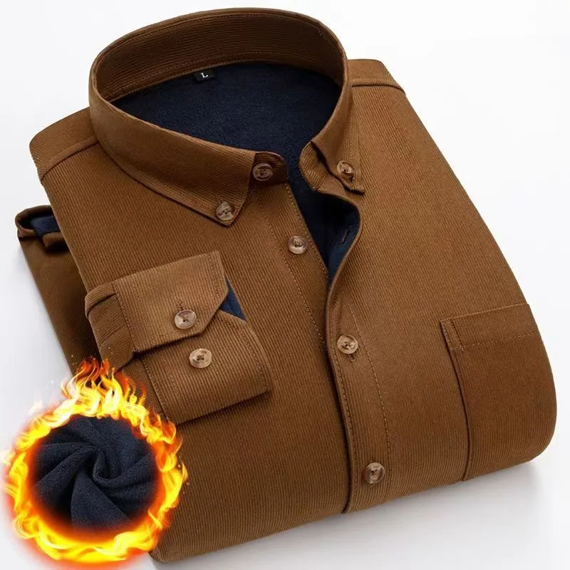 2025 Winter Men\'s Fashion New Corduroy Plus Fleece Thick Warm Shirt High Quality Solid Color Slim Casual Shirt