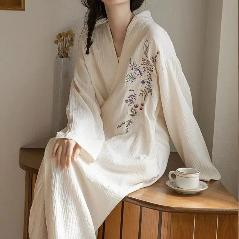 Embroidery Robe for Women V-neck Summer Sleepwear Nightdress Japanese Night Wears One Piece Lace-up Korean Reviews Many Pajama