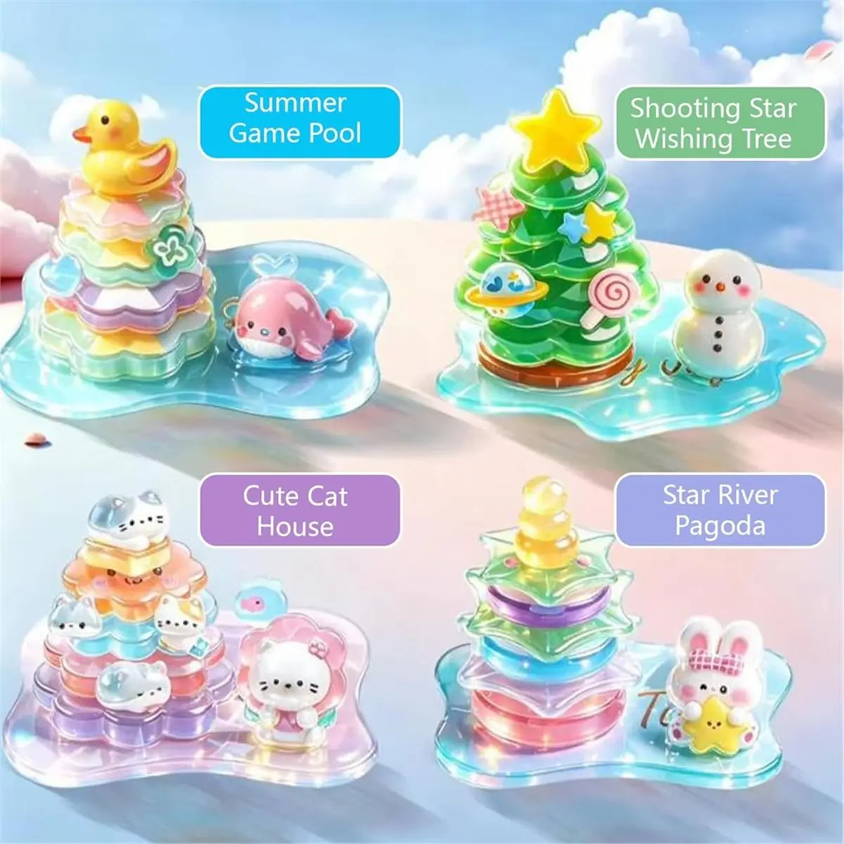 Crystal Stacked 3D Building Stickers,3D Stacked Stickers,Cartoon Decorative Sticker Kit,Cute Mini Desktop Ornament(4Pcs)