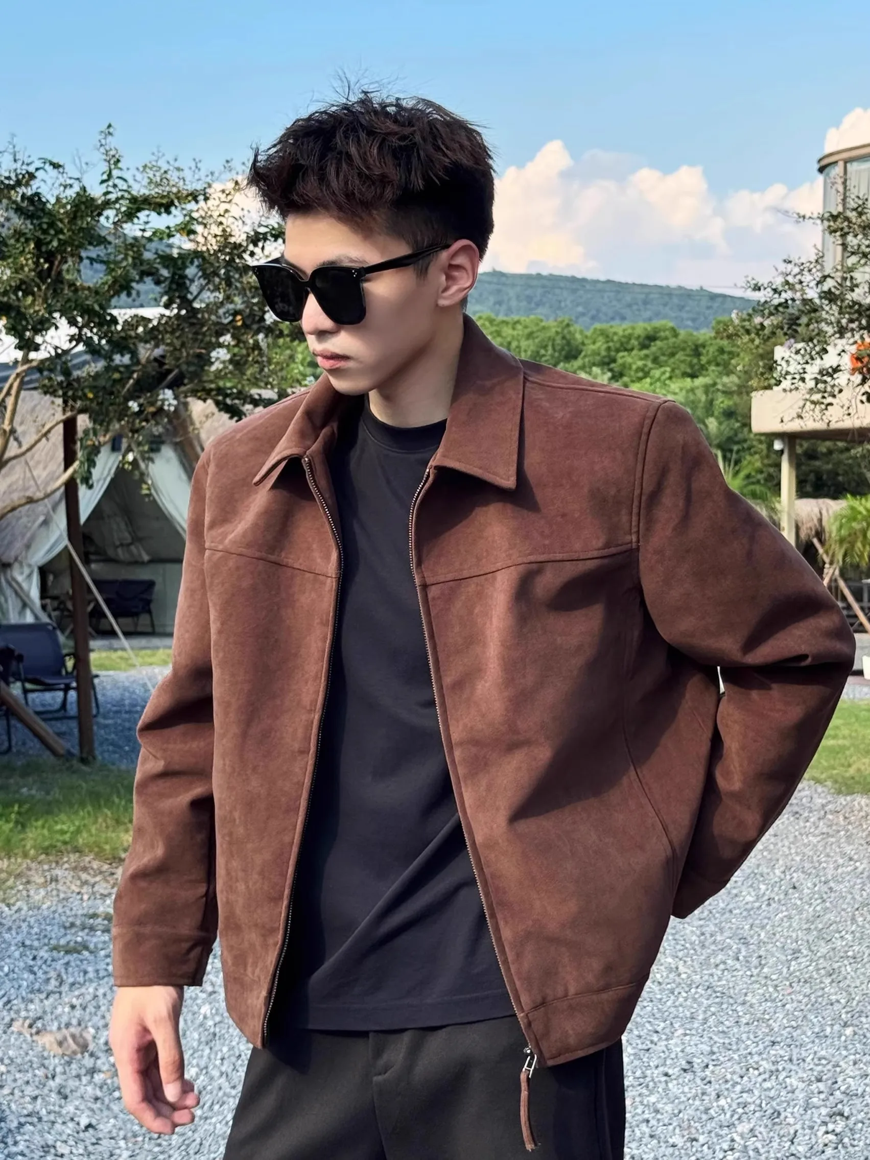 

Men's Suede Jaet Autumn Winter ort Loose Collar Thiened Cotton American Retro Jaet Youth Faion Outerwear Coat