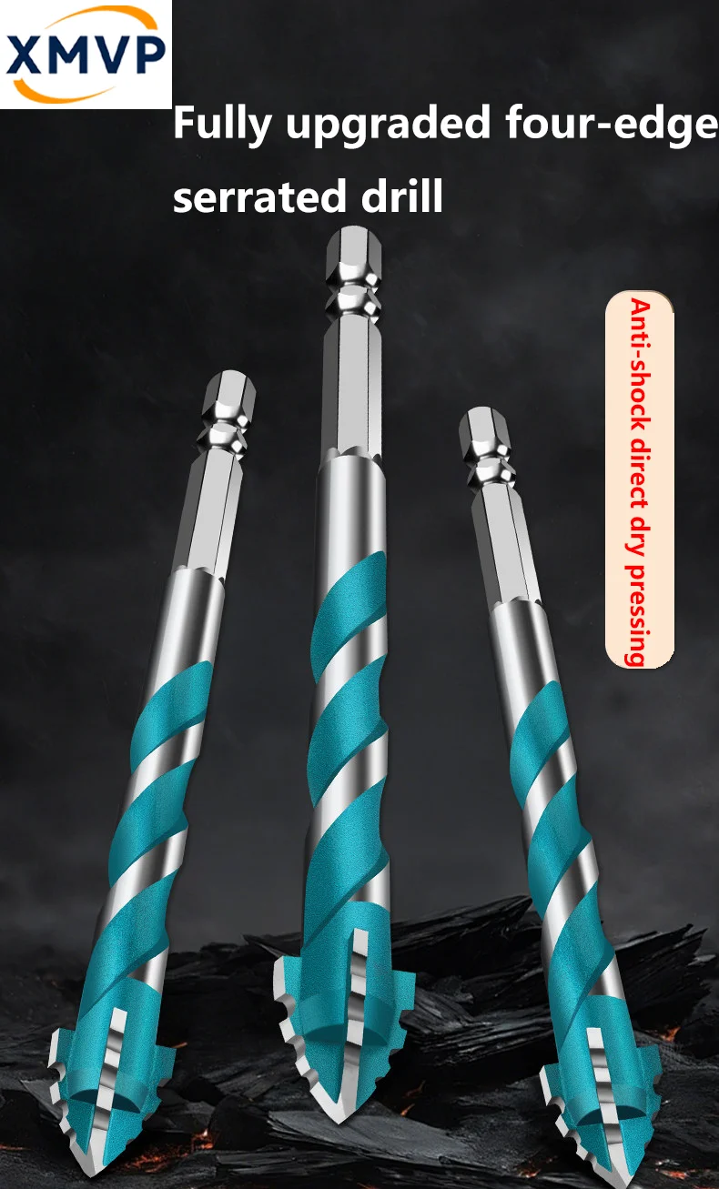 Four-edge eccentric sawtooth drill bit, super-hard dry drilling bit, universal electric drill bit for ceramic tiles and concrete