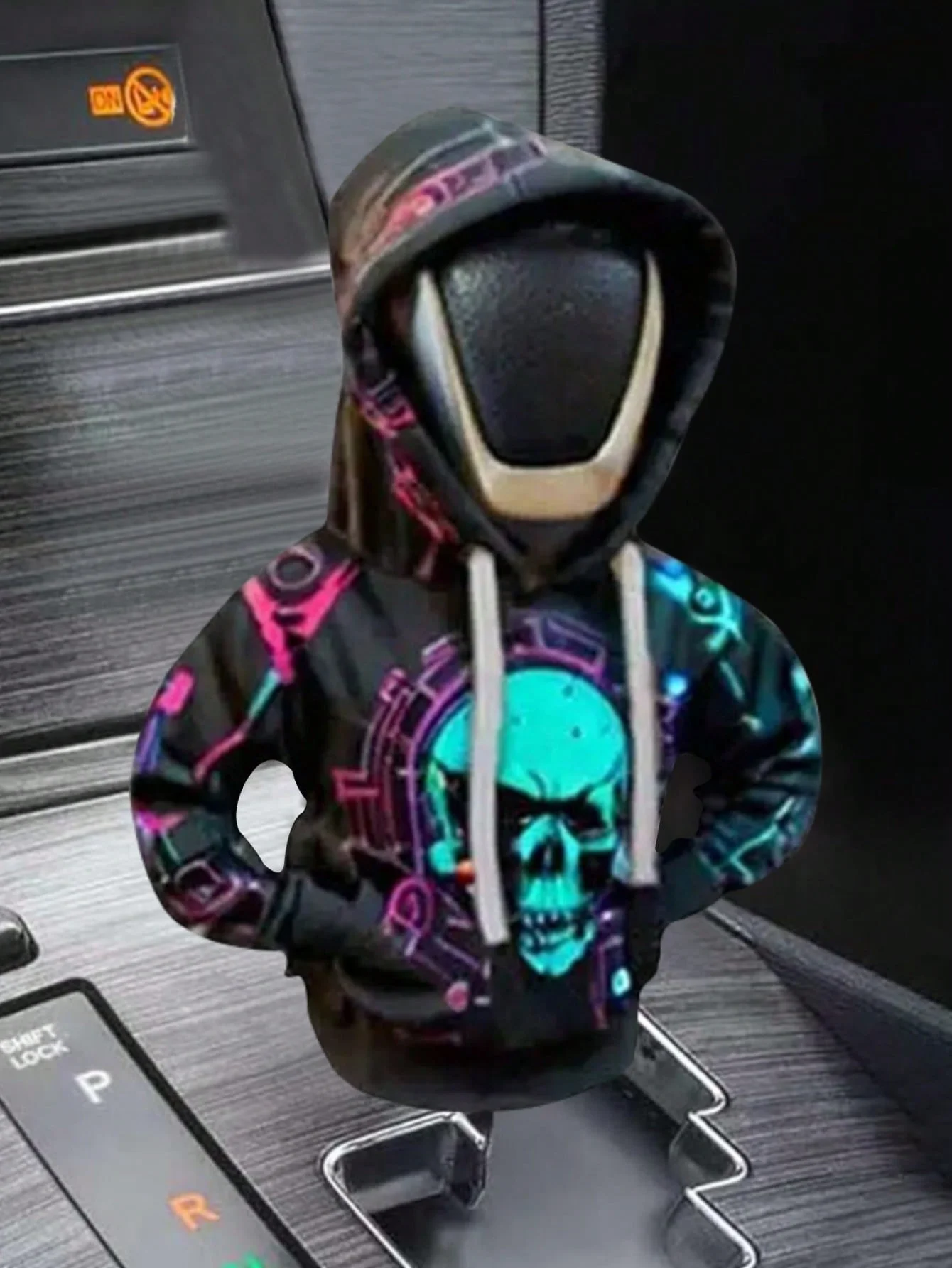 Creative Hoodie Gear Shift Cover – Fun Car Interior Accessory with Neon Skull Print, Soft Anti-Sweat Inner Lining, Easy to Insta