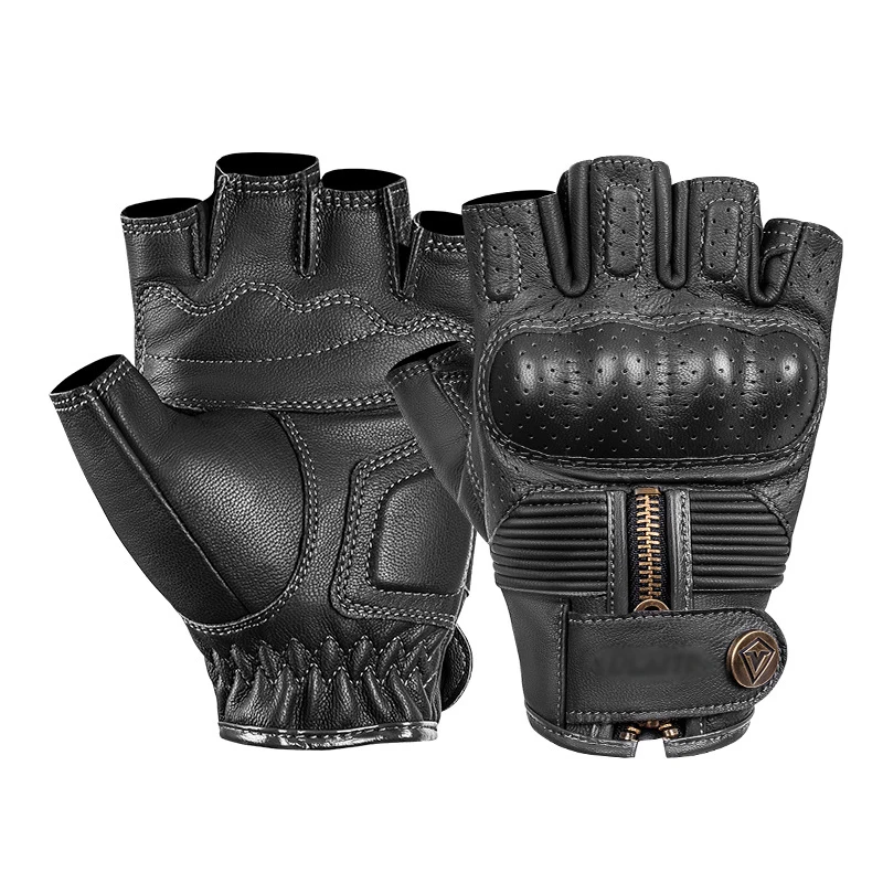 Guantes de Moto de cuero de medio Dedo, guantes cortos con cremallera, tácticos, antiguos, de verano