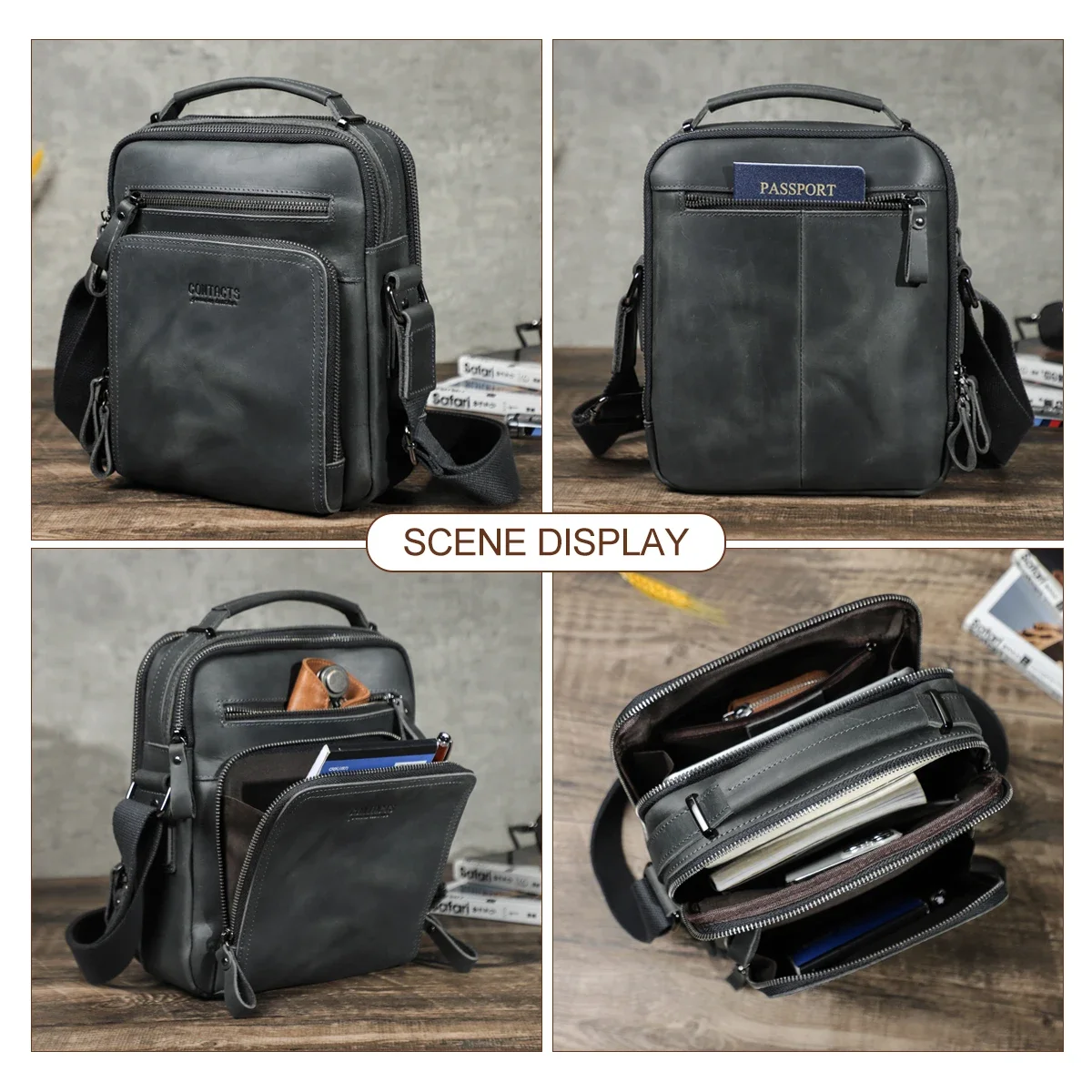 Genuine Leather Messenger Bag For Men Crazy Horse Leather Shoulder Bag For 9.7 Inch Ipad Men's Crossbody Bag Leather