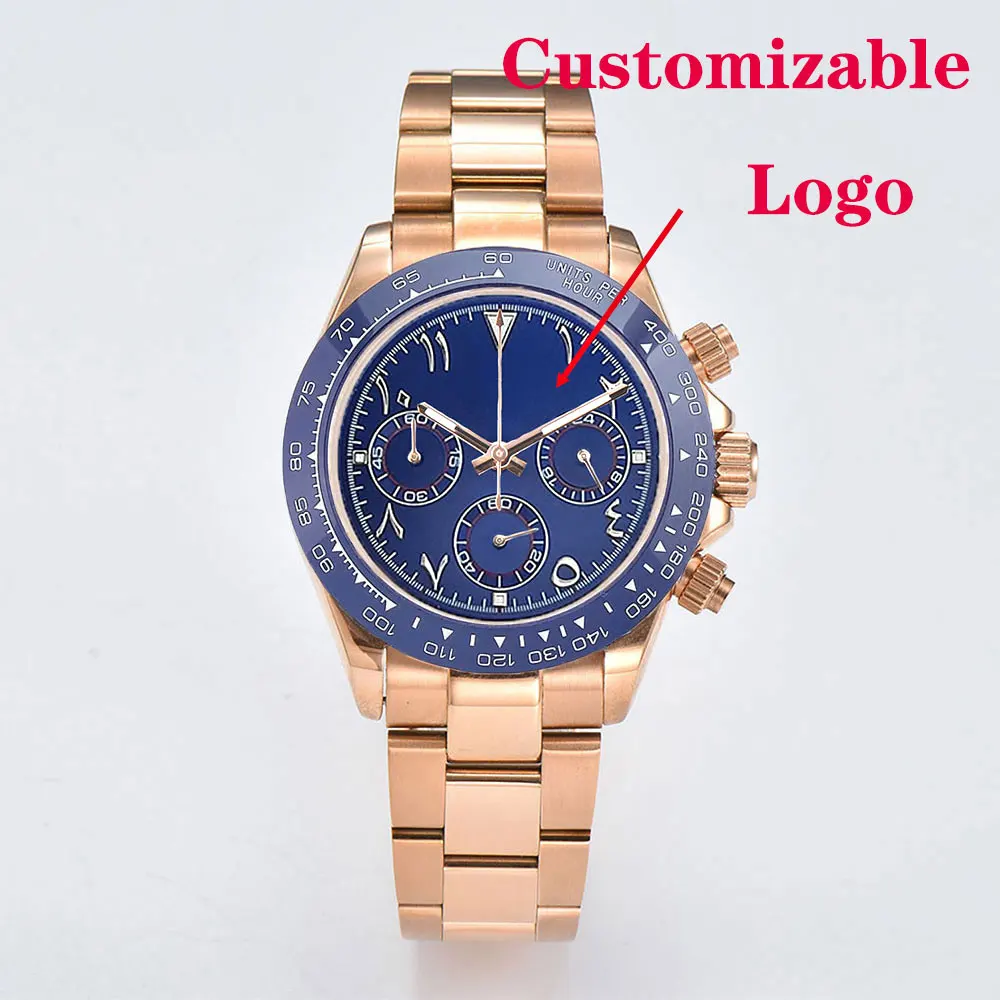 39mm rose gold watch VK63 movement quartz chronograph sapphire glass blue Arabic dial luxury business men custom watch