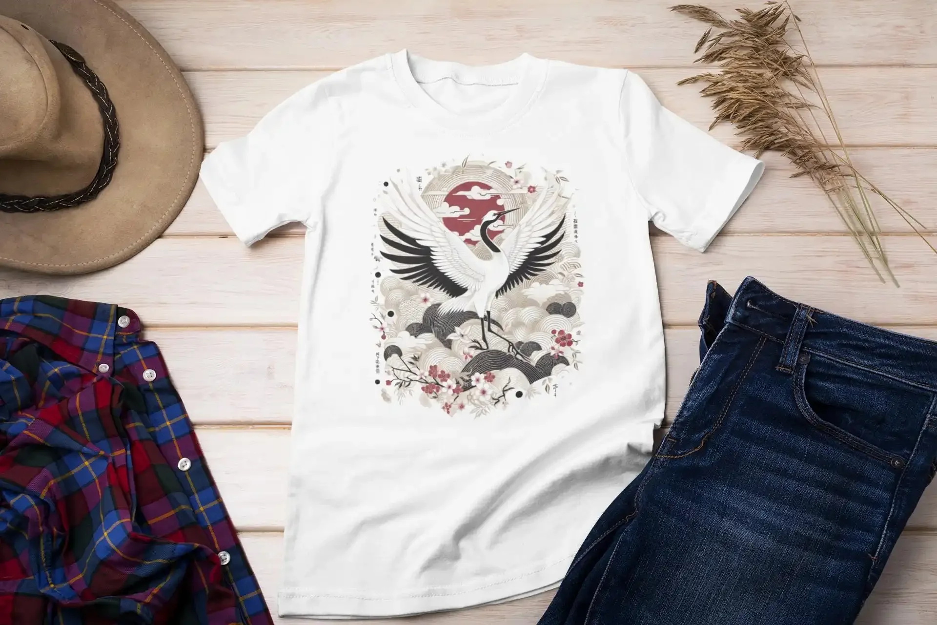 Japanese Crane T Shirt Elegant Tsuru with Traditional Motifs Symbolizing Longevity and Good Fortune