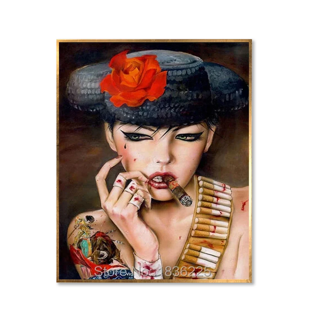 

Wall Decor Painting Wholesale Handmade Sexy Lady Wearing Red Rose Hat Oil Painting Colorful Beautiful Smoking Girl Portrait