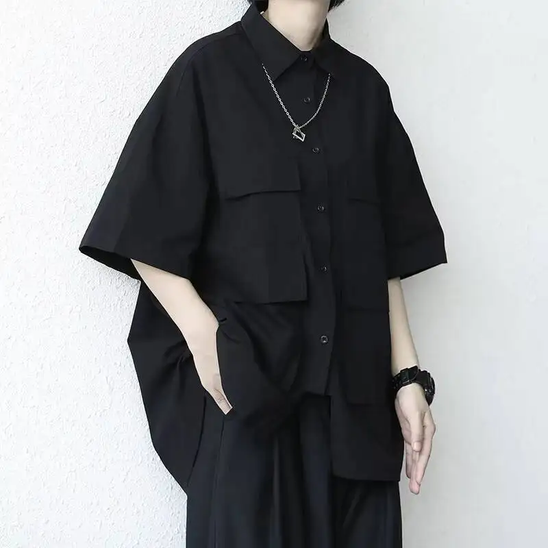 

Women's Short-Sleeved Shirt Summer Style Personality Stereoscopic Cutting Large Pocket Lapel Leisure Loose Large Size Shirt