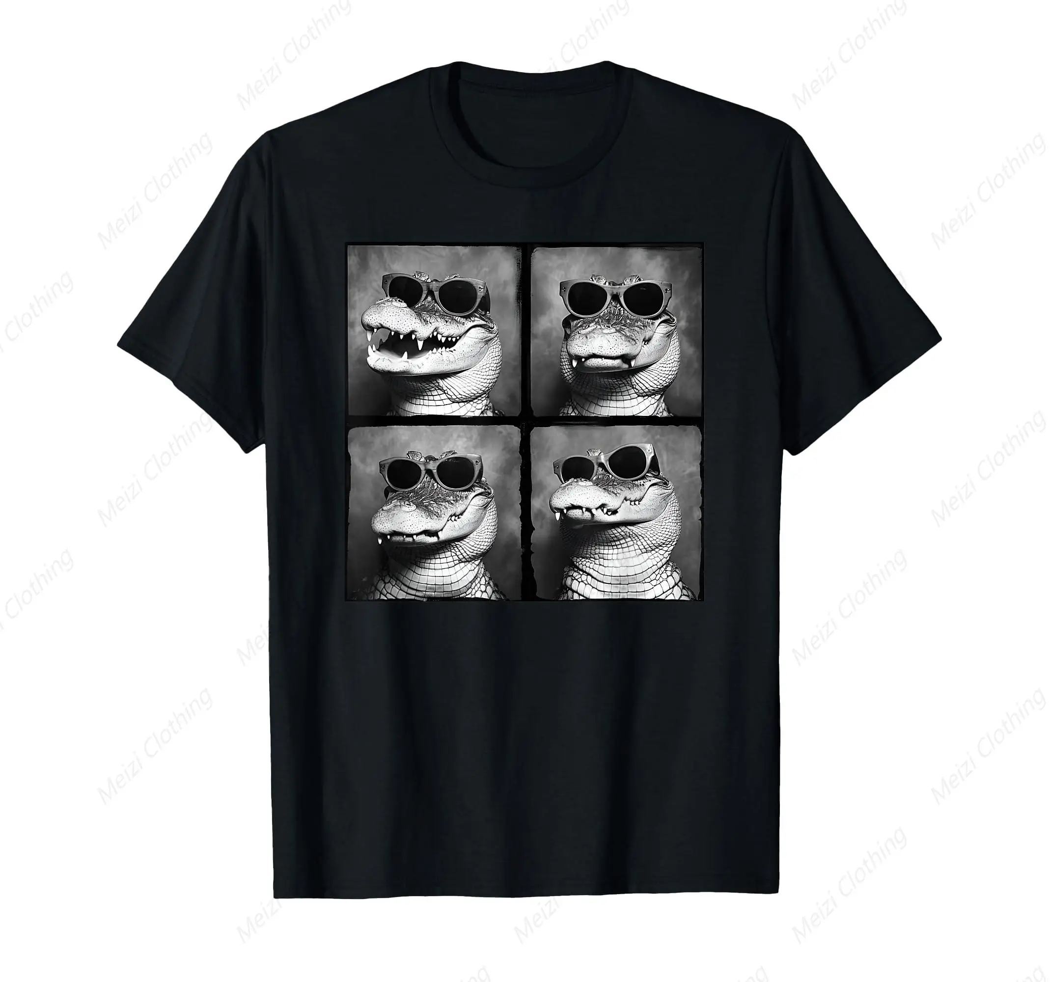 Wearing sunglasses crocodile pattern four grid men's and women's T-shirts fashionable men's cotton short sleeved shirts