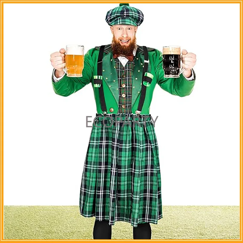 Conjunto de disfraz del Día de San Patricio, falda a cuadros verde, tirantes, sombrero y calcetines, recuerdo de fiesta del Festival irlandés, conjunto de vestir del Día de San Patricio