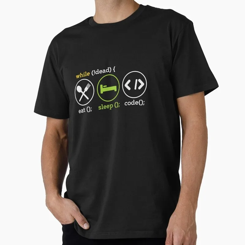 While Not Dead Eat Sleep Code Funny Linux Operating System Graphic T‑Shirt Short Sleeve Tees Geek IT Developer Fan Gift Tops