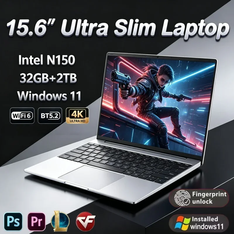 15.6 Inch Home Use Laptop Intel N150 32GB RAM 2TB SSD Windows11 Fingerprint Unlock Slim Notebook For Content Viewing