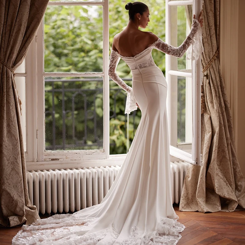 Eightree Boho Mermaid Wedding Dresses Long Sleeve Appliques Sweep Train Bridal Dress Princess Wedding Ball Prom Gowns Customized