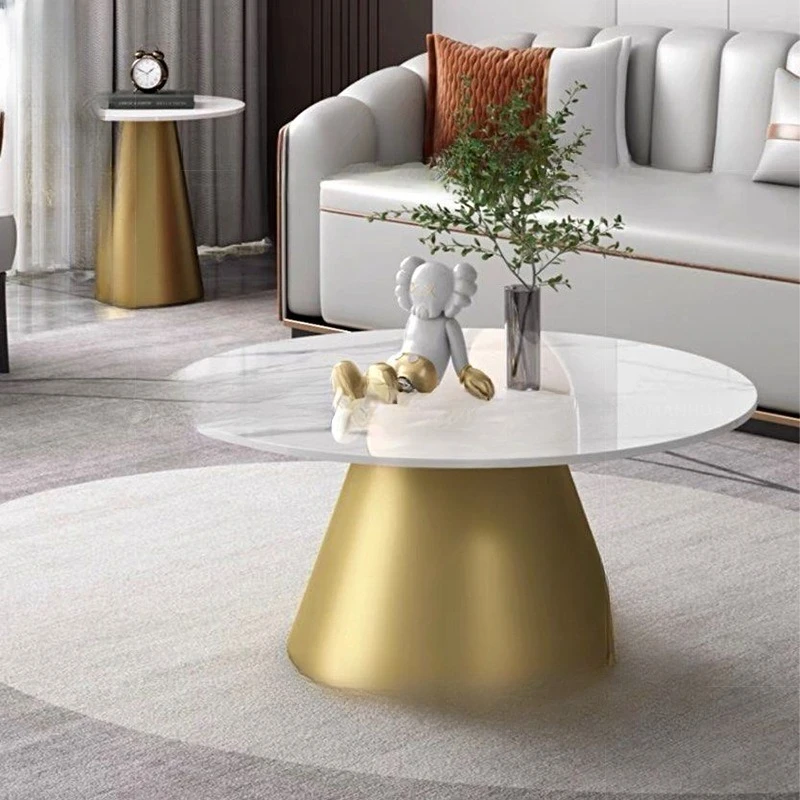 Rock Slab Round Coffee Table High and Low Combination Living Room Household Small Apartment Small Tea