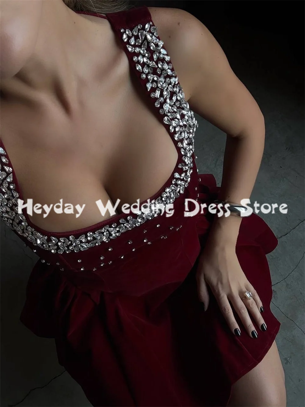 Heyday レディース スクエアカラー スパゲッティビーズ装飾 イブニングドレス ノースリーブ Aライン ショート丈 フォーマル プロムドレス 2025